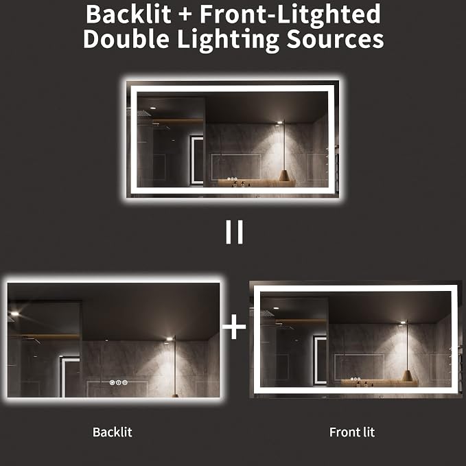 LOAAO 72X40 LED Bathroom Mirror with Lights | Anti-Fog, Dimmable, 3 Color Temperature, Backlit + Front Lit, Memory Function, Tempered Glass, UL Listed