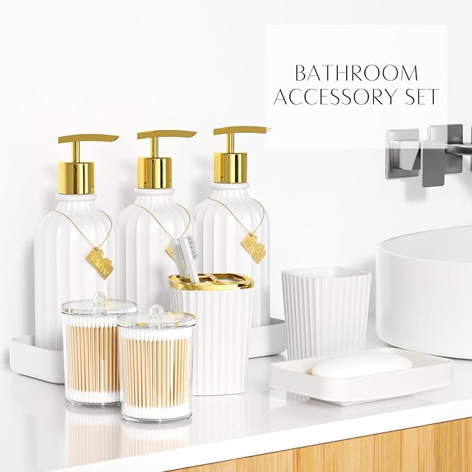 21PCS Bathroom Sets with Shower Curtain and Rugs Bathroom Accessories Set White Bathroom Set Complete with Trash Can, Toilet Brush, Qtip Holder & 3PCS Soap Dispenser