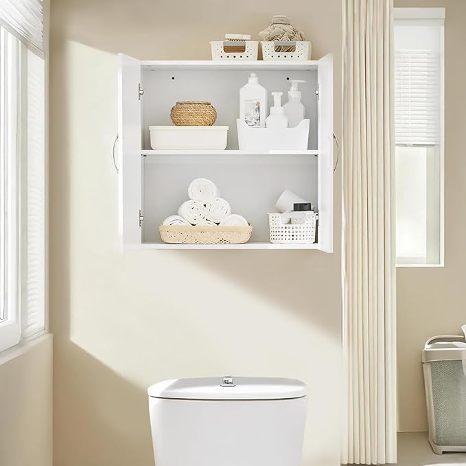 SoBuy Wall Cabinet, Over Toilet Storage Cabinet, Medicine Cabinet with Shelf, Multifunctional Wall Mount Cabinet for Laundry Room, Kitchen, Bathroom, White