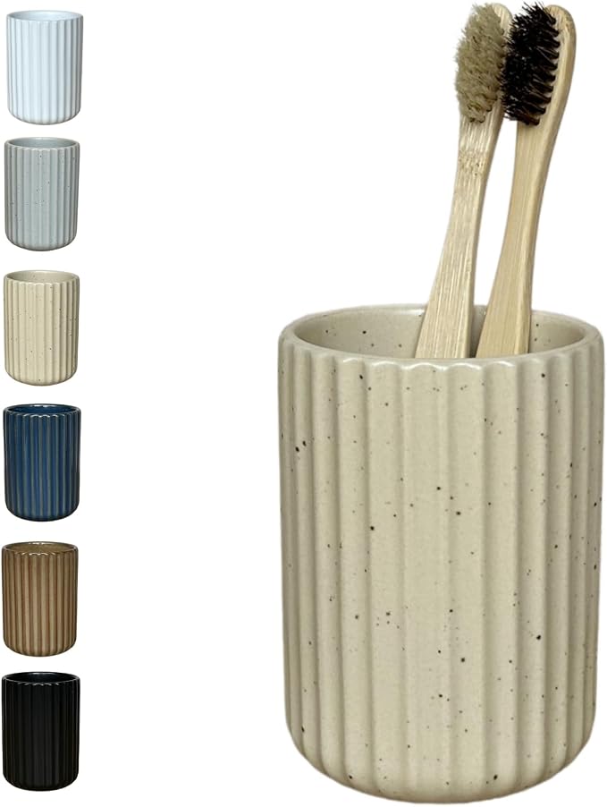 Stoneware Toothbrush Holder for Bathroom Tooth Brush Holder for Bathroom Toothbrush Cup Toothbrush Holders Cute Fluted Vertical Ribbed Stripe (Speckled Beige)