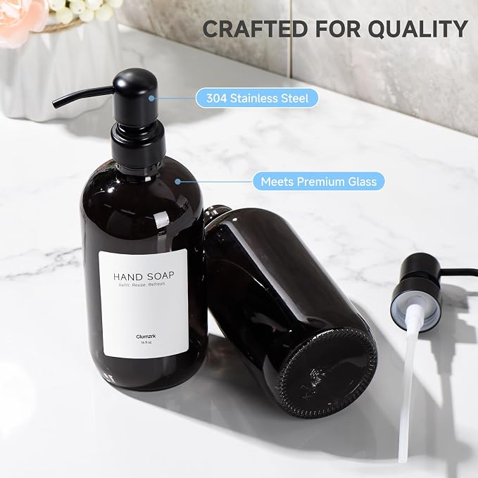 2 Pack Kitchen Soap Dispenser Set - 16oz Black Glass Dish and Hand Soap Dispenser with Stainless Steel Pump, Instant Dry Tray, Dish Brush & Holder, Refillable Countertop Sink Decor for Kitchen & Bath