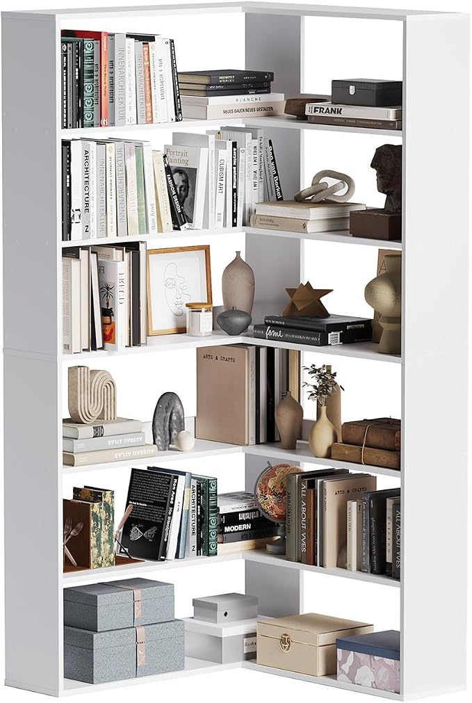 Corner Bookshelf, Freestanding L Shaped Display Shelf, 6 Tiers Bookcase with Baffles, Wooden Bookcase with Storage Organizer for Home Office, Living Room, Bedroom (35.2")