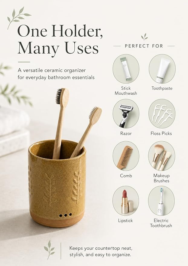 LYEOBOH Toothbrush Holder, Countertop Toothbrush Holders with Drainage | Toothbrush Container, Ceramic Toothbrush Organizer Countertop, Toothpaste and Toothbrush Holder for Bathroom & Shower