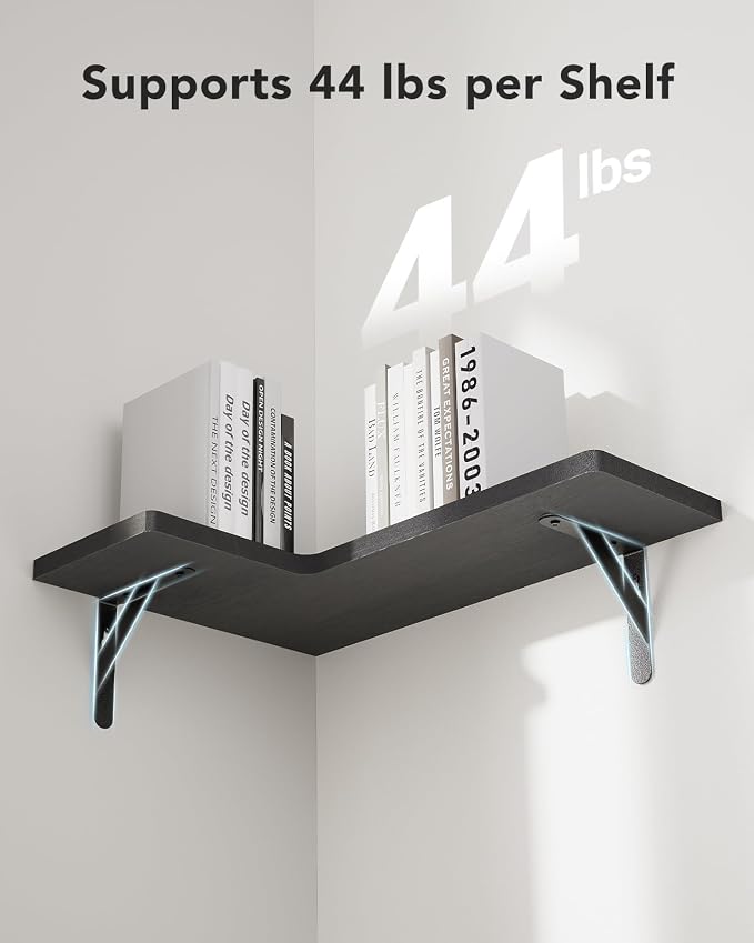 Amada Corner Floating Shelves, Paulownia Wood, Set of 4, Black | Corner Wall Shelves with Triangular Metal Bracket, 44 lbs Capacity per Shelf, L-Shaped Design for Home Decor, Kitchen Storage