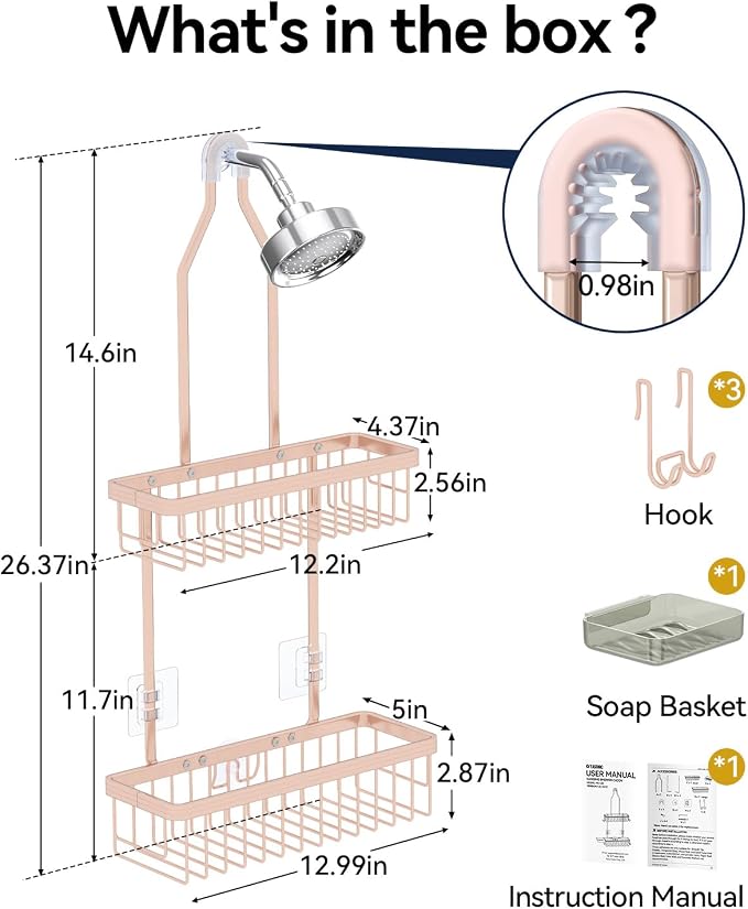 Never Rust Shower Caddy Hanging, Aluminum Shower Racks for Inside Shower, 2-Tier Shower Organizer Hanging Over Shower Head with Hooks and Soap Holder, Rose Gold