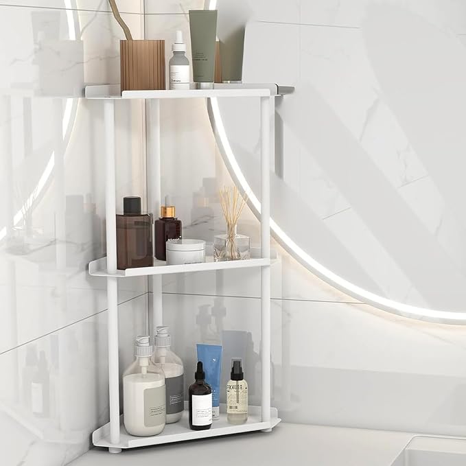 FLE Corner Bathroom Counter Organizer, Bathroom Organizer Countertop White | 3 Tier Corner Shelf, Tabletop Mount,Waterproof solid shelf fits bathroom toiletries and kitchen condiment storage.