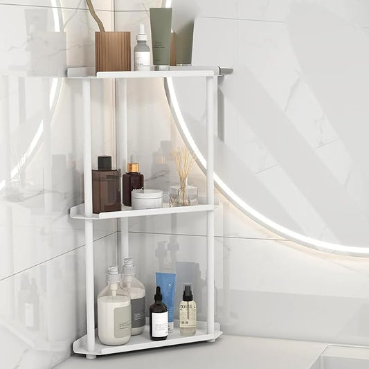 FLE Corner Bathroom Counter Organizer, Bathroom Organizer Countertop White | 3 Tier Corner Shelf, Tabletop Mount,Waterproof solid shelf fits bathroom toiletries and kitchen condiment storage.