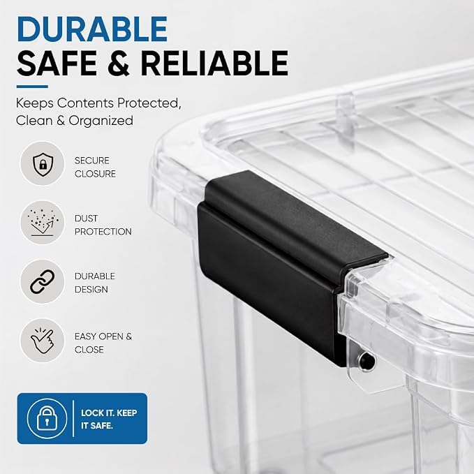 Superio Clear Storage Box with Lid, 13.7 Quart Plastic Container Bins for Organizing, Stackable Crates, BPA Free, Non Toxic, Odor Free, Organizers for Home, Office, School, and Dorm