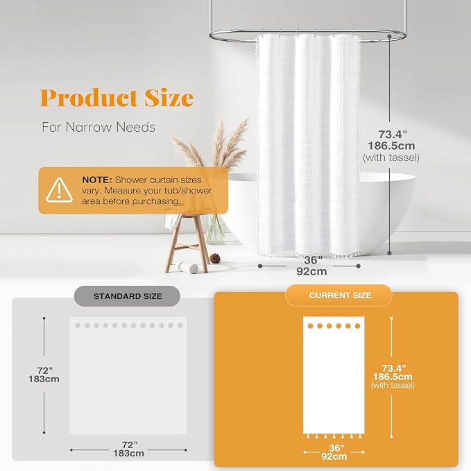 Stall Boho Farmhouse Linen Heavy Duty Shower Curtain Set, 36x72, White | Half Size, 330GSM Linen Blend, 3-side Tassels, Water Repellent Fabric, 6 Plastic Hooks, Rustic Bohemian, Machine Washable