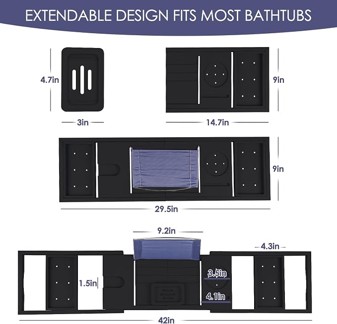 Foldable Bathtub Tray Caddy with Soap Dish Adjustable 29.5-43''Black | Bamboo Bath Table Trays with Non-slip Pads, Wine Glass Holder, Adjustable Tablet Book Stand, Spa Bath Essentials Organizer