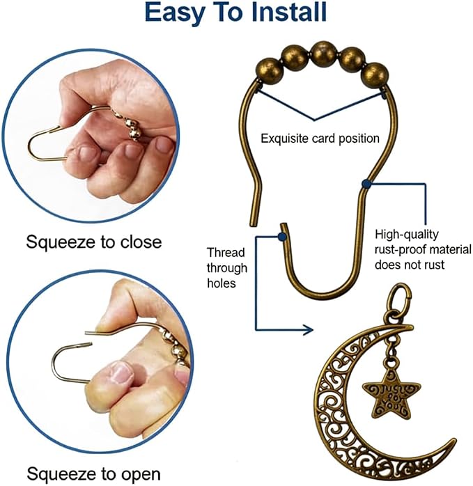 Decorative Moon Shower Curtain Hooks Set of 12 for Bathroom Shower Rods | Rustproof Curtain Rings with Vintage Moon Suns Stars Celestial Bodies Gothic Mystic Boho Theme Bathroom Decor, Bronze