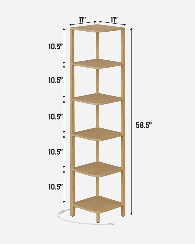 TUTOTAK Corner Shelf with LED Light, 6-Tier Corner Bookshelf | for Small Space, Narrow Display Corner Shelf Stand with Storage Rack, for Living Room, Bedroom, Natural BS08BN006L