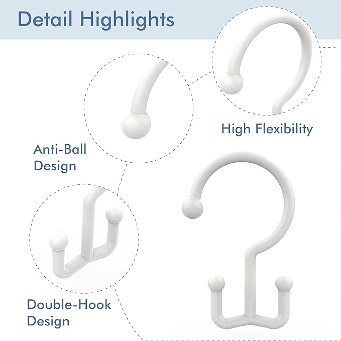 Bathway White Plastic Double Shower Curtain Hooks, 12 Bathroom Shower Rings | Hang Both Shower Curtain & Liner, Waterproof, Rust-proof, Sturdy, Durable, Flexible, Multifunctional, Universal, Easy to Use