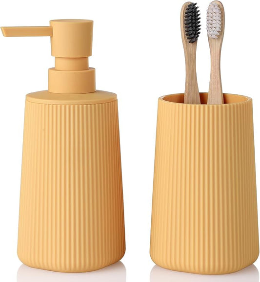 YAUKPH Bathroom Soap Dispenser and Toothbrush Holder Striped Yellow | Bathroom Accessories Set 2 Piece for Bathroom Countertop Storage and Decor