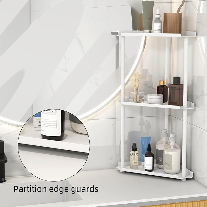 FLE Corner Bathroom Counter Organizer, Bathroom Organizer Countertop White | 3 Tier Corner Shelf, Tabletop Mount,Waterproof solid shelf fits bathroom toiletries and kitchen condiment storage.