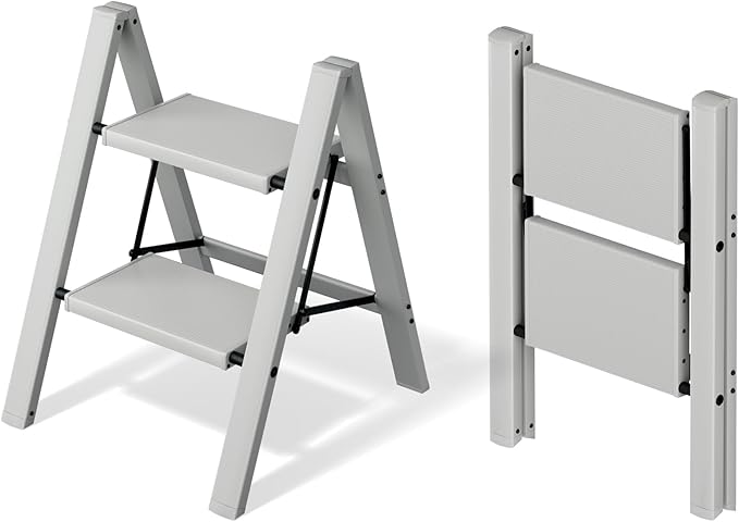 Mayi Plus 2 Step Stool Foldable, Aluminum, Lightweight Step Ladder | Extra-wide anti-slip folding steps with 330 lbs, for home,kitchen,office,outdoor,Grey