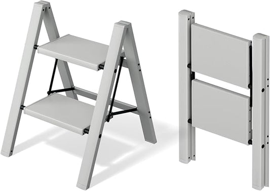 Mayi Plus 2 Step Stool Foldable, Aluminum, Lightweight Step Ladder | Extra-wide anti-slip folding steps with 330 lbs, for home,kitchen,office,outdoor,Grey
