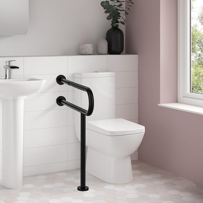 Toilet Grab Bar 32Inch with Leg, YuanDe Matte Black Wall Mounted Safety Bar | Stainless Steel Anti-Slip Bathroom Support Rail for Elderly Disabled Pregnant