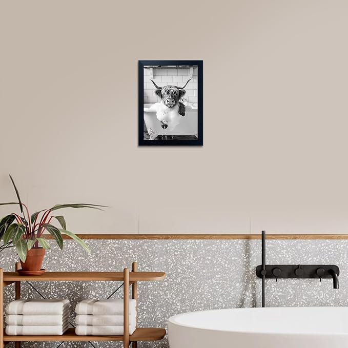 Framed Cow Bathroom Decor, Funny Bathroom Painting Wall Art, Highland Cow in Bathtub Farmhouse Canvas Print, Black and White Cow Pictures Wall Decor, Animal Pcture Artworks for Wall