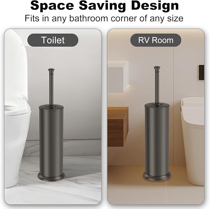 Pewter Toilet Brush and Holder，Extra Long Handled Toilet Brush for Bathroom，Stainless Steel Heavy Duty Toilet Bowl Brush,Removable Inner Bowl,Deep Cleaning Dense Bristles Cleaner Brush -Space Saving