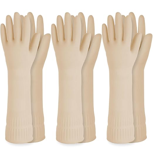 Rubber Dishwashing Gloves, Non-Slip Kitchen, Ivory Large, 3 Pairs | Korean natural latex, long cuff, thick and durable, textured non-slip grip, for dishwashing and kitchen cleaning