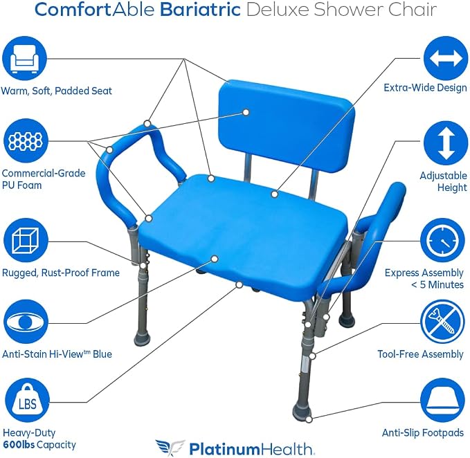 Platinum Health Comfortable Deluxe Padded Shower and Bath Chair with Armrests, for Elderly and Seniors, Extra Large, 600lb High Capacity, Institutional Quality, Blue