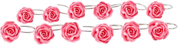 BEAVO Shower Curtain Hooks, Home Decorative Rustproof Shower Curtain Hooks Resin Rose Flower Shower Hooks Rings for Bathroom Shower Rods Curtains,Set of 12 Hooks (Pink) | Pink Flower Shower Curtain Ring - Stainless Steel Shower Ring Hook with Resin Flo...