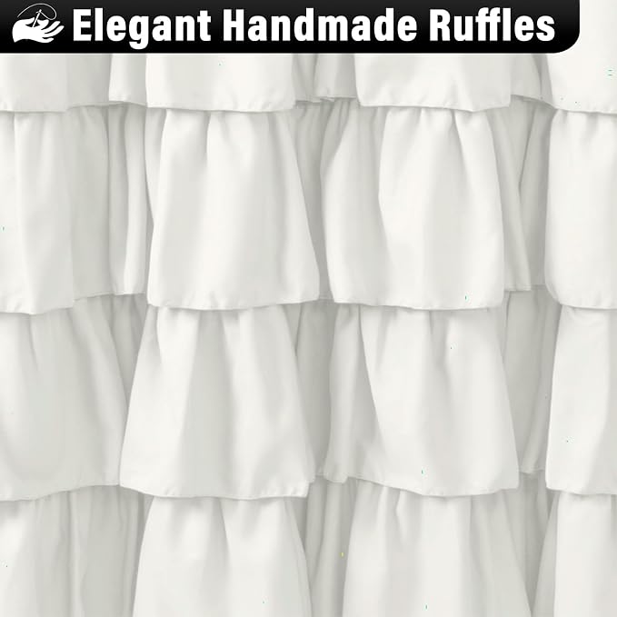 Seasonwood Ivory Ruffle Shower Curtain Farmhouse Shower Curtain 72 X 72 | Natural button accents, layered fabric tiers, shabby chic and French country styling for decorative bathroom updates