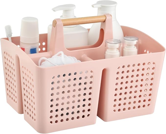 Portable Shower Caddy Basket with 3 Compartments and Handle, Pink | Plastic Divided Toiletry Caddy for Dorm Bathrooms, Skincare, Makeup, Vanities, Gyms, Locker Rooms and Shared Spaces