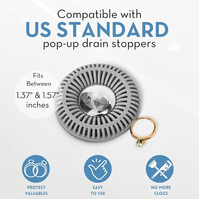 SinkRing Bathroom Sink Drain Protector & Strainer for Pop-Up Stoppers, Gray | Easy snap-in design. Precision clog-free trap prevents loss of earrings, jewelry or contacts. Fits 1.37" - 1.57" stoppers.