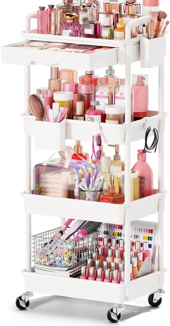 Goovilla Rolling Makeup Organizer Cart with Removable Drawer, 4 Tier White | Stable Floor Skincare Storage Cart for Vanity, Cosmetic Display, Nail Polish, Perfume, Hair Stuff, Beauty, Bathroom(Plastic)