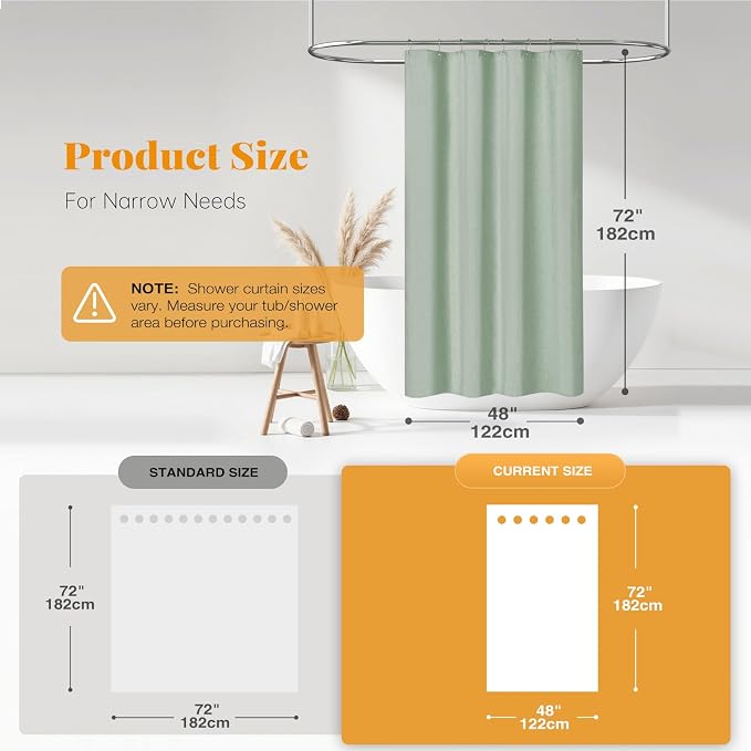 48x72 Linen Textured Waterproof Fabric Shower Curtain Set, Sage Green | Stall Size, 230GSM Polyester, Heavy Duty Cloth, Weighted Hem, 8 Plastic Hooks, Modern Luxury Hotel Style, Machine Washable