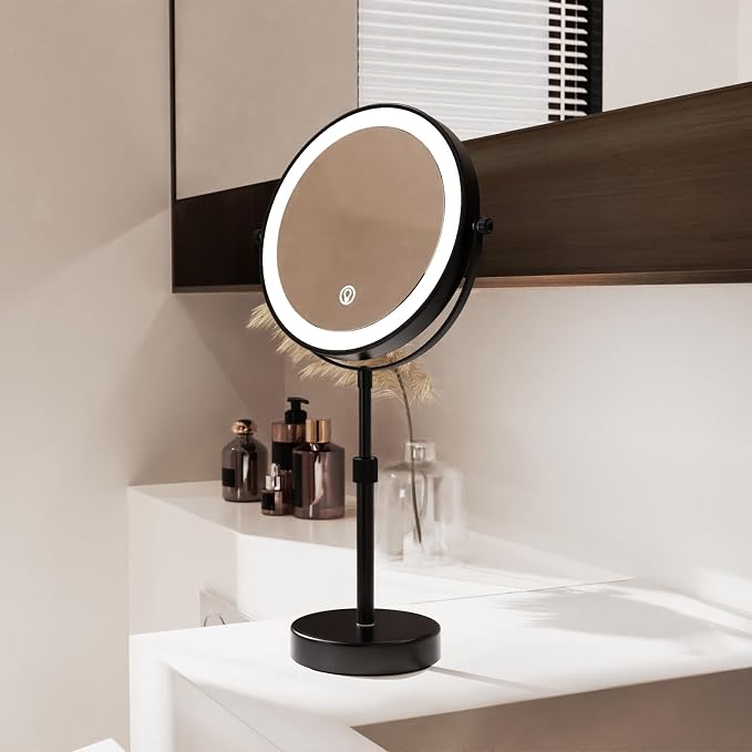 Nicesail LED Lighted Makeup Mirror Tabletop, Black 8 Inch 10X Height Adjust | 10X Magnifying Mirror with 3 Color Lights, Brightness Height Adjustable, 15''~19'' Double Sided Touch Switch Desk Mirror