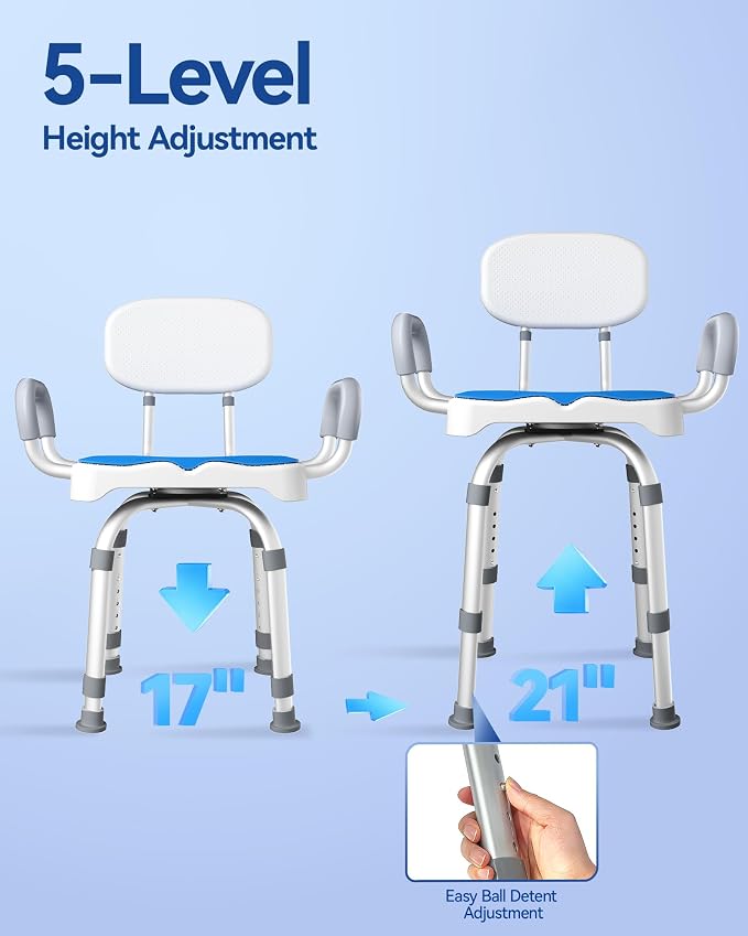 KingPavonini 360° Swivel Shower Chair for Inside Shower, 550 LB Heavy Duty | Stable Flat Tube Frame, Shower Chair for Elderly and Disabled, 360° Swivel with 90° Lock, M-Shaped Anti-Slip Seat, Tool-Free