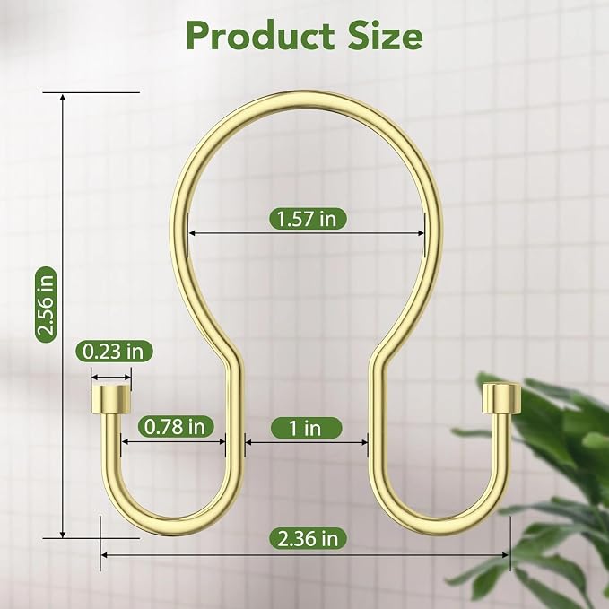 Shower Curtain Hooks, Simple Shower Curtain Rings, Sturdy Shower Curtain Hangers, Double Hook Gold Shower Curtain Hooks, Smooth Gliding Metal Shower Hooks for Shower Curtain (Gold, 12 Pack)