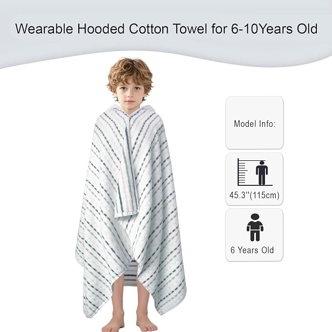 VOOVA & MOVAS Kids Hooded Bath Towel, 6-10 Years, 100% Cotton, White Green | Dotted Plaid Pattern, Ultra Thick Fabric, Strong Absorbency for Bath and Beach Trips