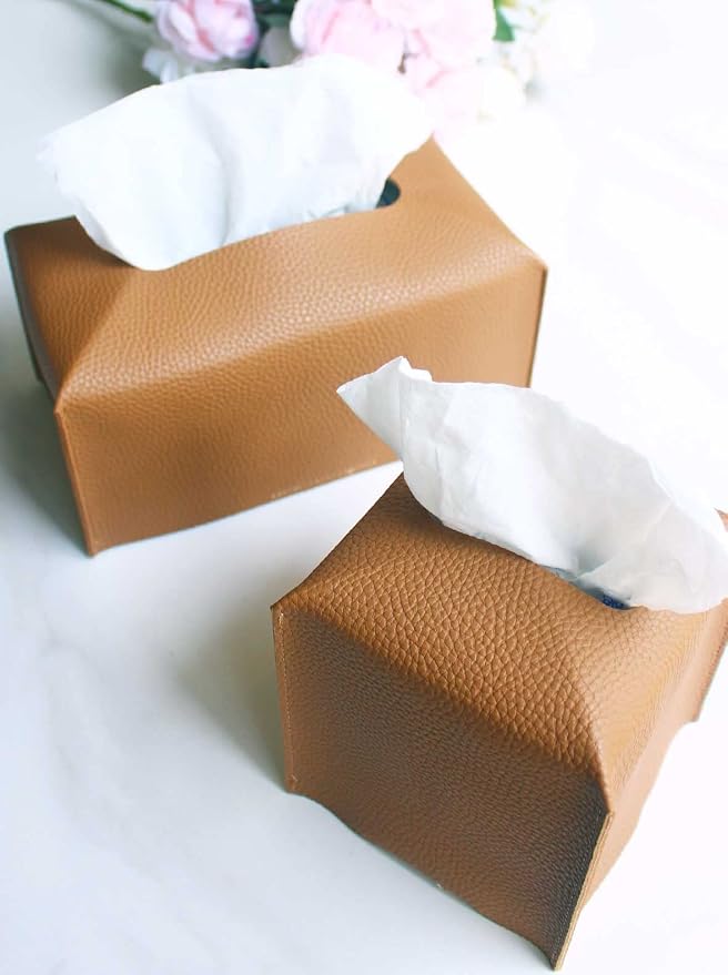 Tissue Box Cover Large Rectangular – Plus Size Leather Tissue Box Holder with Bottom Belt [JESMINI, Camel Brown] Long Rectangle Tissue Holder for Bathroom/Car/Office Decor