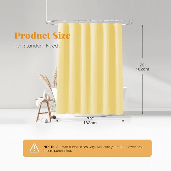 Yellow Linen Textured Waterproof Thick Fabric Shower Curtain, 72x72 | 230GSM Polyester, Heavy Duty Cloth, Weighted Hem, 12 Plastic Hooks, Modern Hotel Style, Machine Washable, Bathroom Decor