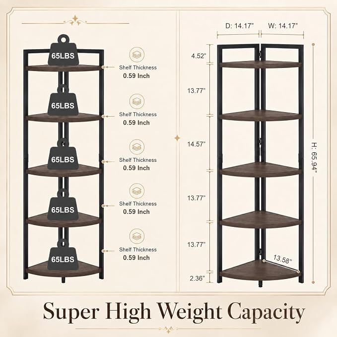 Rustic Tall Corner Shelf, 5 Tier Industrial Corner Bookshelf for Living Room, Dark Wood and Metal Corner Plant Stand for Home Office (Walnut Brown)