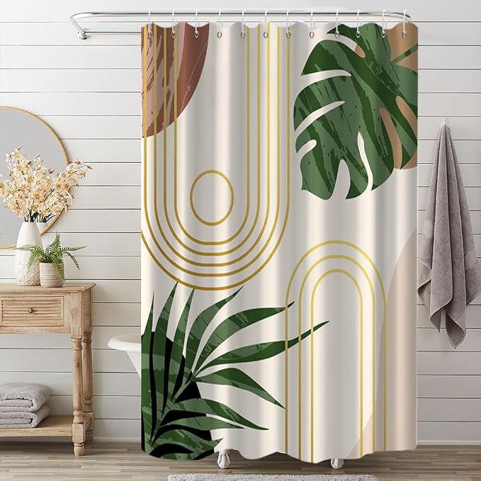 Boho Sage Green Shower Curtain for Bathroom 72x84 Inch | Waterproof Abstract Tropical Leaves Shower Curtain Set with Hooks, Mid Century Beige Bathroom Decor