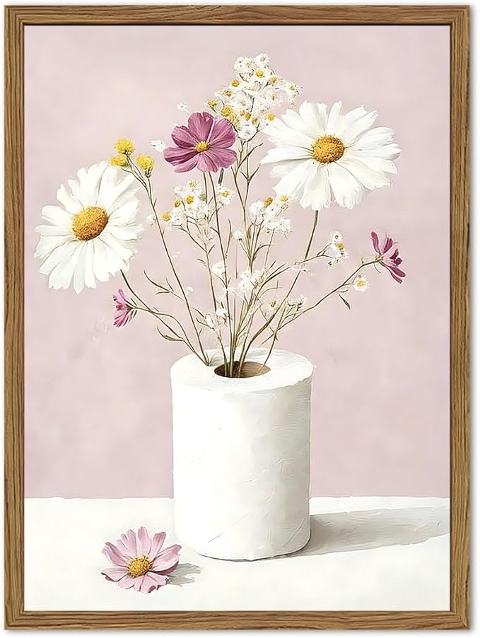 Vintage Floral Toilet Paper Wall Art Cute Wildflower Restroom Wall Decor Picture Funny Pink Flower Bathroom Canvas Painting Print 12x16 inch Wood Framed
