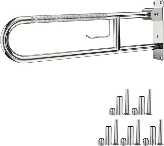ZUEXT 31.5 Inch Chrome U Shaped Flip-Up Toilet Grab Bar with Paper Holder | Anti Slip Foldable Bathroom Safety Handrail, Stainless Steel Handicap Support Rail, for Elderly Seniors Disabled Pregnant