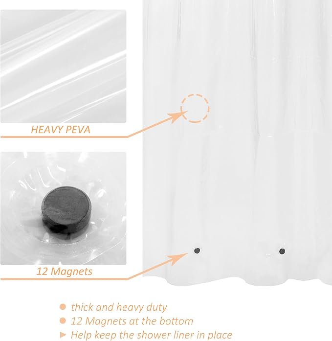 180x60 Extra Wide Size Shower Curtain Liner Clear | 12 Bottom Magnets,36 Free Hooks,32 Rustproof Grommets,Water Proof Heavy Duty PEVA,180W x 60H for Claw Foot Bathtub Extra Wide