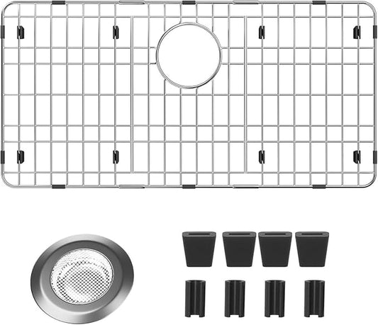 28-7/8" x 14-3/8" Sink Protectors for Kitchen Sink, Rear Drain | Rust Resistant Stainless Steel Kitchen Sink Grid and Sink Protectors, Sink Rack for Bottom of Sink with Sink Strainers
