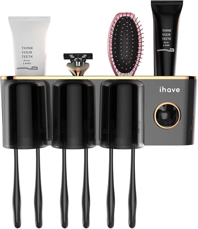 iHave Toothbrush Holders for Bathrooms Wall Mounted with Dispenser & 3 Cups | 9 Slots Wall Mount Toothbrush Holders for Bathrooms with Squeeze Toothpaste Dispenser, 3 Cups & 3 Compartments Organizer