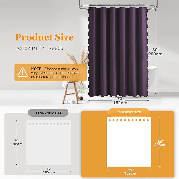 72x80 Boho Scalloped Linen Textured Cloth Shower Curtain Set, Purple | Long Size, 230GSM Waterproof Polyester, Heavy Duty Fabric, 12 Plastic Hooks, Elegant Modern Farmhouse Style, Machine Washable