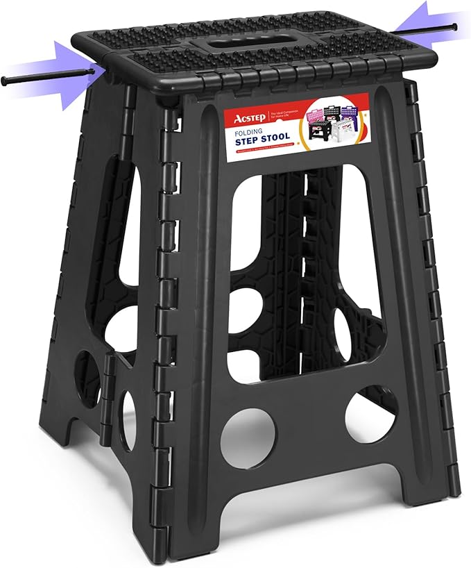 17.5 Inch Heavy Duty Folding Step Stool, 400 lbs, Dot Black | Collapsible Stepping Stool for Adults with Handle and Non-Slip Surface, for Kitchen, Garage, Bedroom and Outdoor Tasks