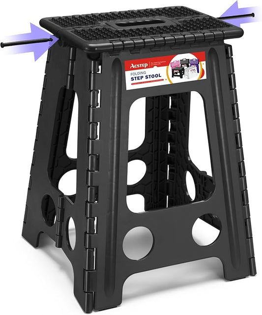 17.5 Inch Heavy Duty Folding Step Stool, 400 lbs, Dot Black | Collapsible Stepping Stool for Adults with Handle and Non-Slip Surface, for Kitchen, Garage, Bedroom and Outdoor Tasks
