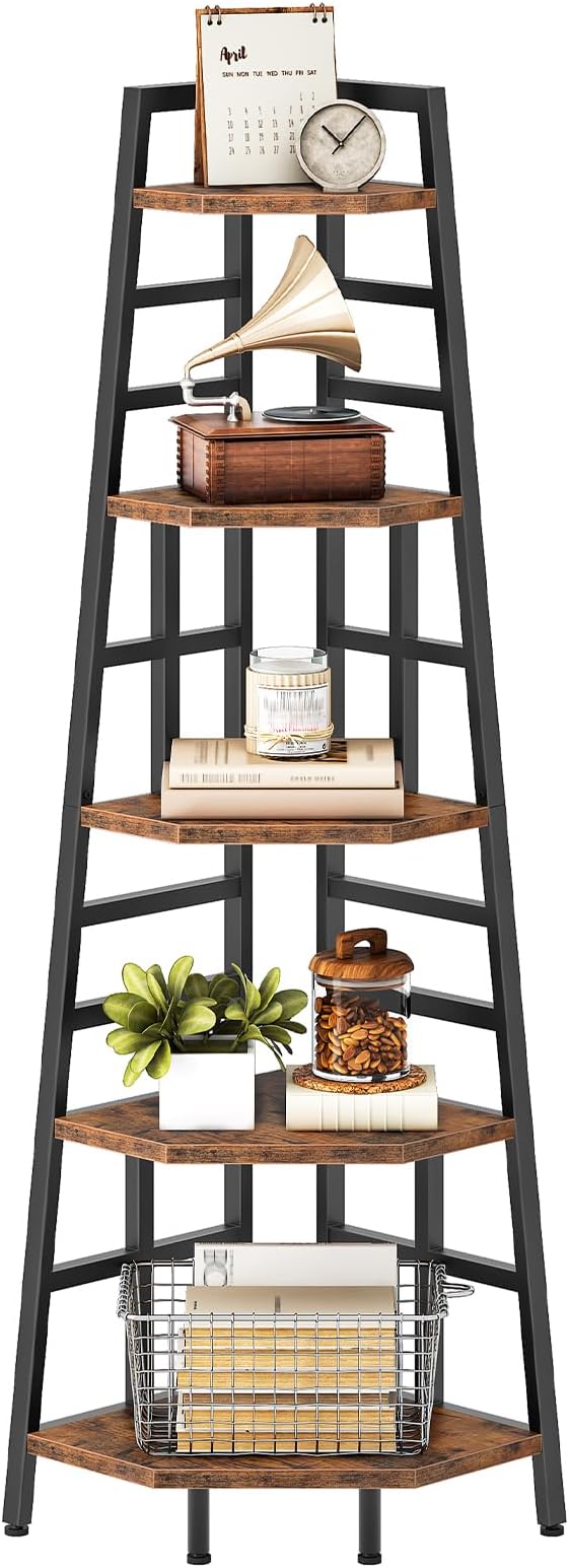 70.1-Inch 5-Tier Tall Corner Shelf, Narrow Bookshelf for Small Spaces, Industrial Bookcase Display Stand for Living Room, Bedroom, Office, Rustic Brown TCJ25BF