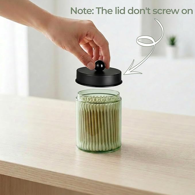 Amolliar Green Glass Apothecary Jar Qtip Holder Metal Lids 4pc/Green-black | Bathroom Decor Countertop Vanity Storage Organizer Set for q tip holder,Cotton Swabs/Rounds,Makeup Sponges,Cute Stickers